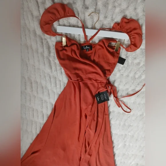 Lulu's Elegant Rust Wrap Dress - Picture 3 of 6